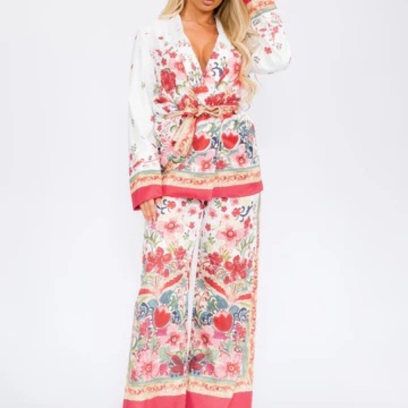 Floral Boho Kimono & Wide Leg Pants Two Piece Set - Picture 1 of 5